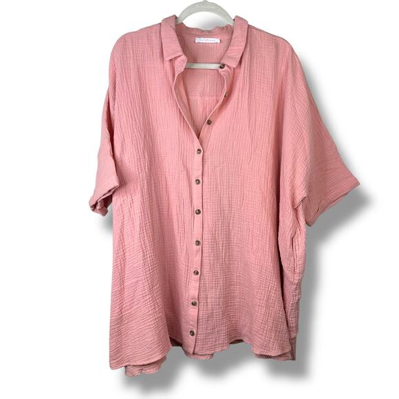 Ces Femme NWOT Boutique Pink Gauze Button Down Oversized Collard Tunic Dress - Picture 1 of 6